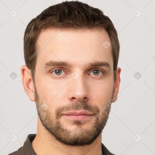 Neutral white young-adult male with short  brown hair and grey eyes