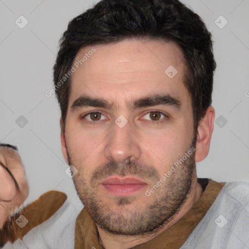 Neutral white young-adult male with short  brown hair and brown eyes