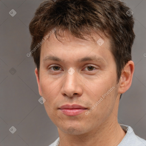 Neutral white young-adult male with short  brown hair and brown eyes