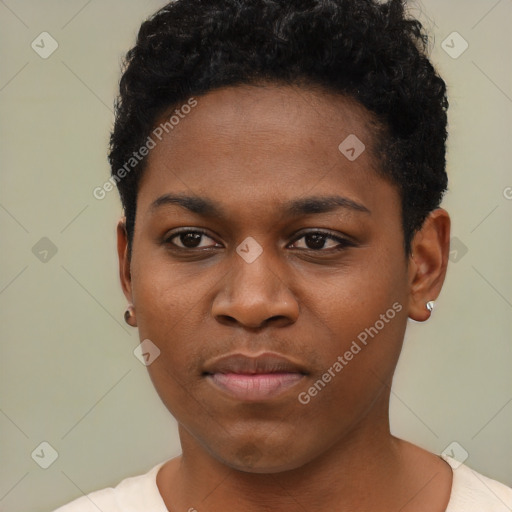 Neutral black young-adult female with short  black hair and brown eyes