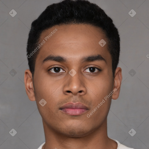 Neutral latino young-adult male with short  black hair and brown eyes