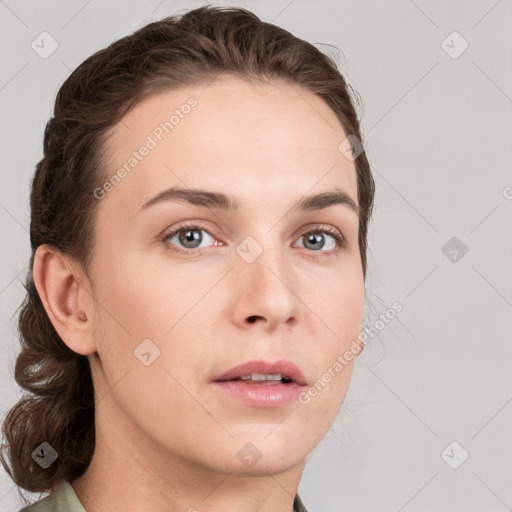 Neutral white young-adult female with medium  brown hair and grey eyes