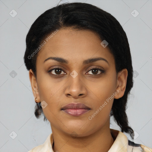 Joyful latino young-adult female with medium  black hair and brown eyes