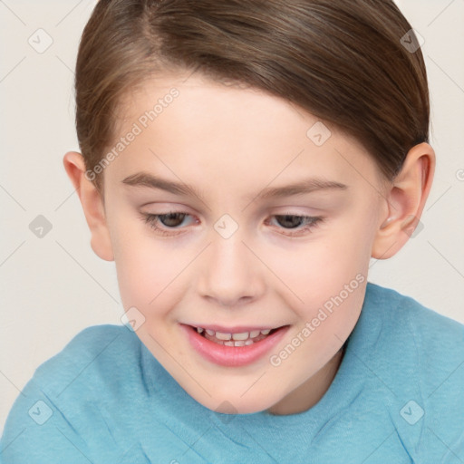 Joyful white child female with short  brown hair and brown eyes