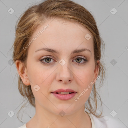 Joyful white young-adult female with medium  brown hair and blue eyes