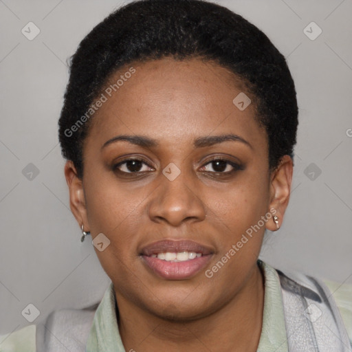 Joyful latino young-adult female with short  black hair and brown eyes