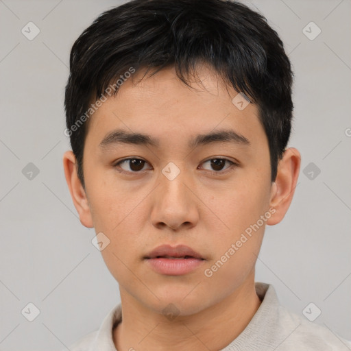 Neutral asian young-adult male with short  black hair and brown eyes