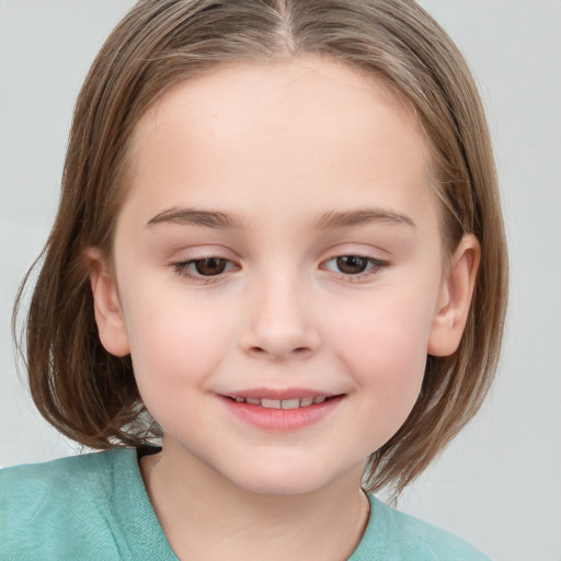 Joyful white child female with medium  brown hair and brown eyes