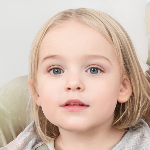 Neutral white child female with medium  brown hair and blue eyes