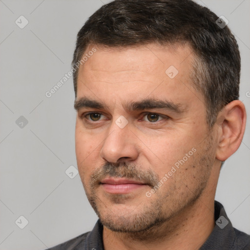 Neutral white adult male with short  brown hair and brown eyes