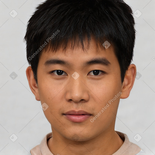 Neutral asian young-adult male with short  brown hair and brown eyes