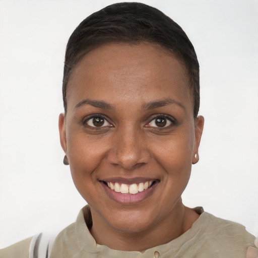 Joyful black young-adult female with short  brown hair and brown eyes