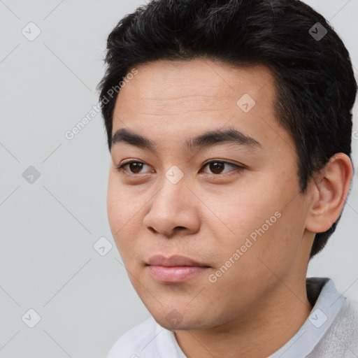 Neutral asian young-adult male with short  black hair and brown eyes