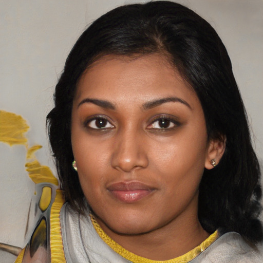 Neutral asian young-adult female with medium  black hair and brown eyes