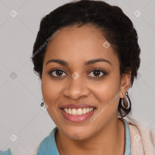 Joyful latino young-adult female with long  brown hair and brown eyes