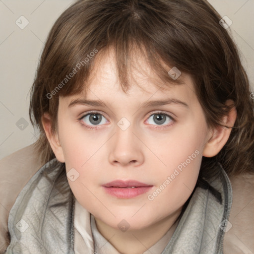 Neutral white child female with medium  brown hair and grey eyes