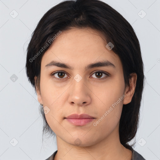 Neutral white young-adult female with medium  brown hair and brown eyes