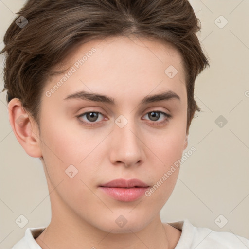 Neutral white young-adult female with short  brown hair and brown eyes