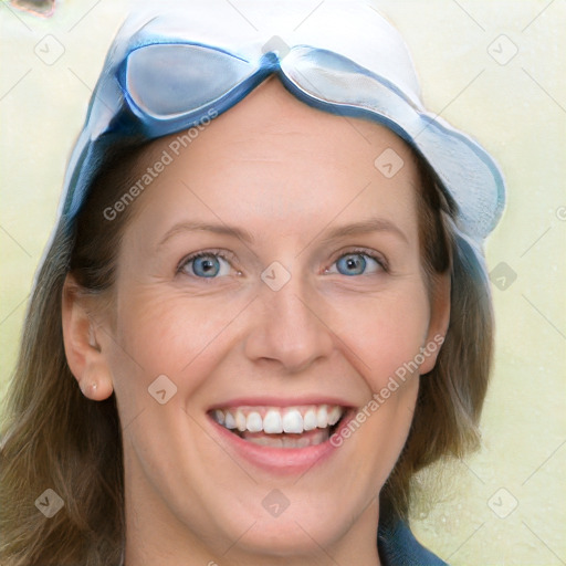 Joyful white adult female with medium  brown hair and blue eyes