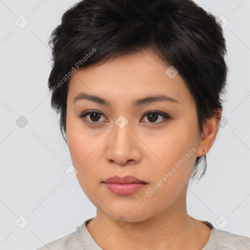 Neutral asian young-adult female with medium  brown hair and brown eyes