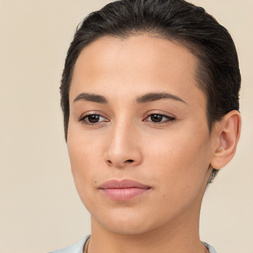 Joyful white young-adult female with short  brown hair and brown eyes