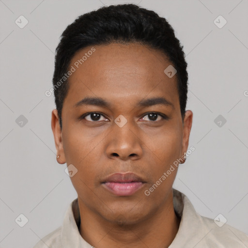 Neutral black young-adult male with short  black hair and brown eyes