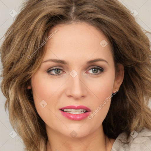 Joyful white young-adult female with medium  brown hair and green eyes