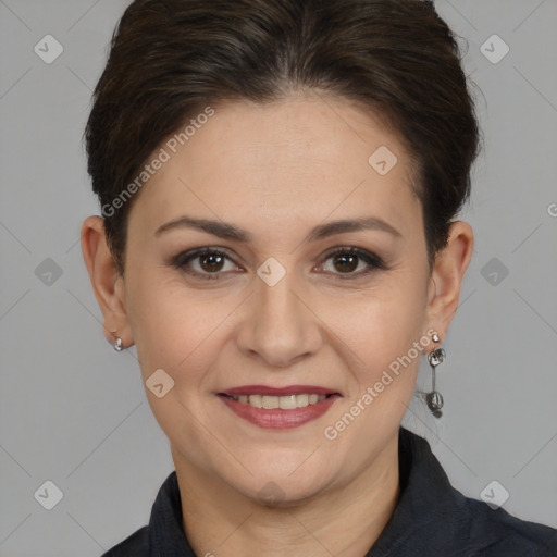 Joyful white adult female with short  brown hair and brown eyes