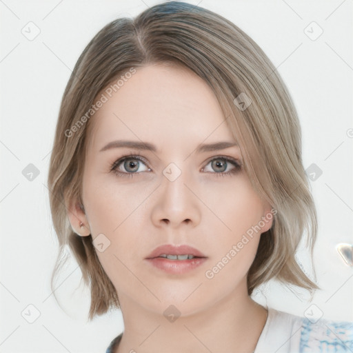 Neutral white young-adult female with medium  brown hair and blue eyes