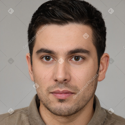 Neutral white young-adult male with short  brown hair and brown eyes