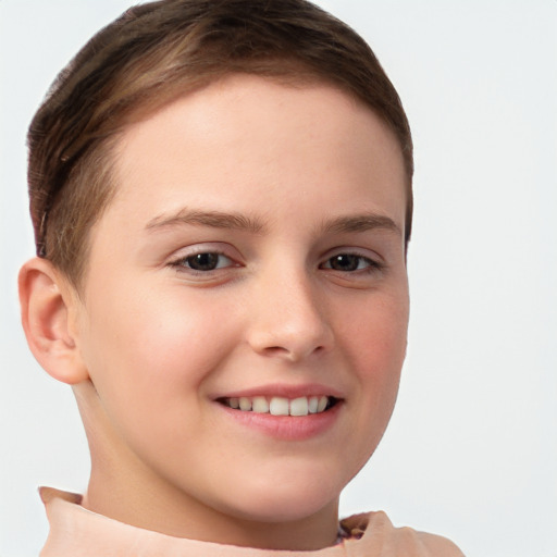 Joyful white child female with short  brown hair and brown eyes