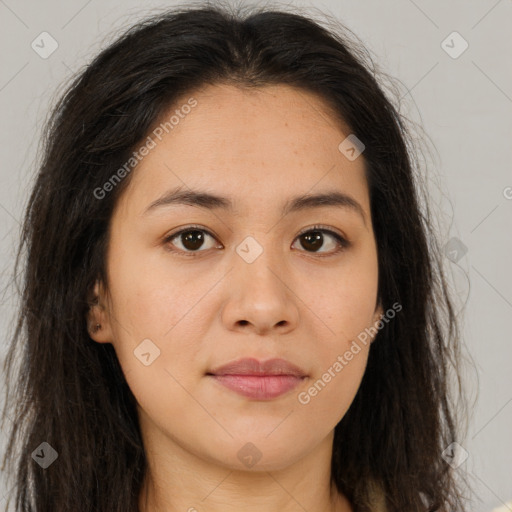 Joyful asian young-adult female with long  brown hair and brown eyes