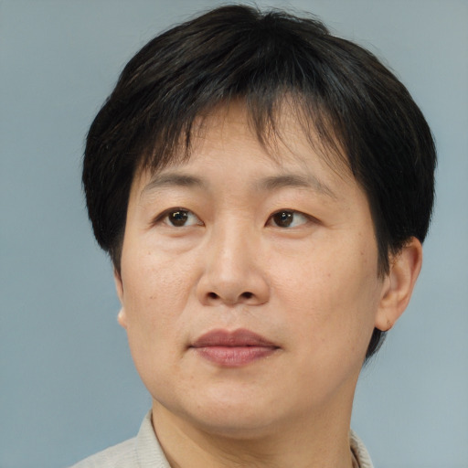 Joyful asian adult female with short  brown hair and brown eyes