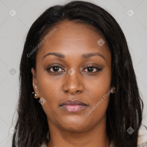Neutral asian young-adult female with long  brown hair and brown eyes