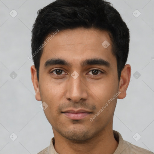 Neutral latino young-adult male with short  black hair and brown eyes
