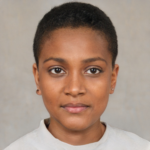Neutral black young-adult female with short  brown hair and brown eyes