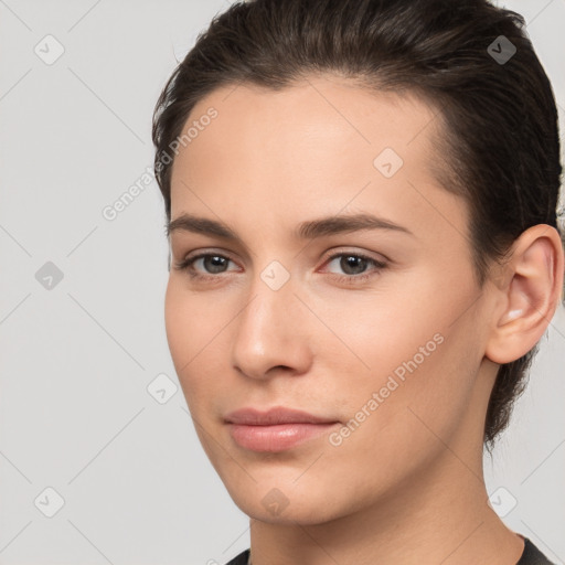 Neutral white young-adult female with medium  brown hair and brown eyes