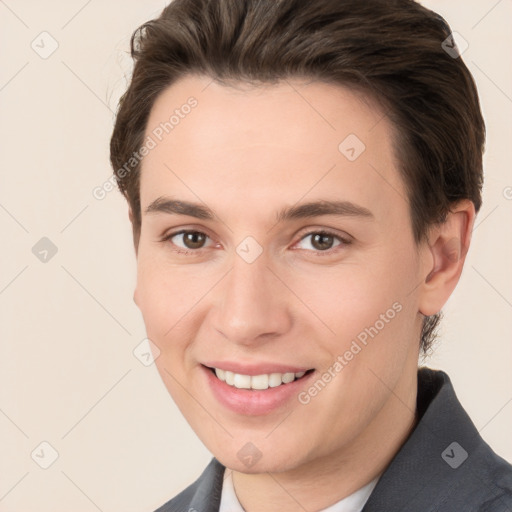 Joyful white young-adult female with short  brown hair and brown eyes