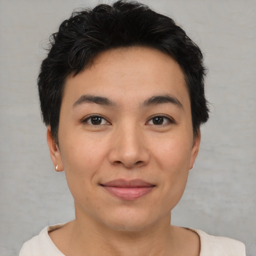 Joyful asian young-adult female with short  brown hair and brown eyes