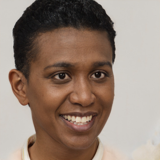 Joyful black young-adult female with short  brown hair and brown eyes