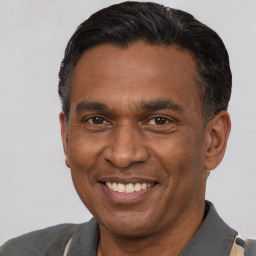 Joyful black adult male with short  black hair and brown eyes