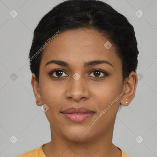 Joyful latino young-adult female with short  brown hair and brown eyes