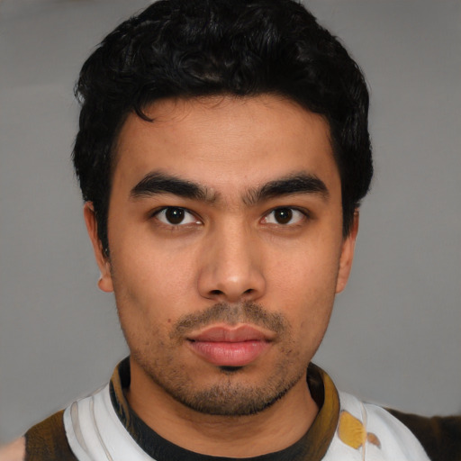 Neutral asian young-adult male with short  black hair and brown eyes