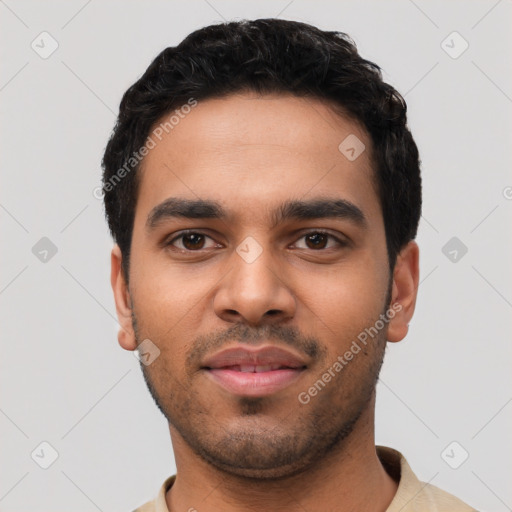 Neutral latino young-adult male with short  black hair and brown eyes