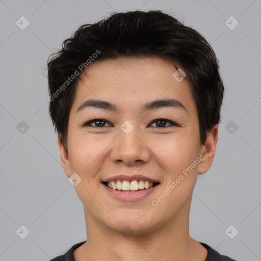 Joyful asian young-adult female with short  brown hair and brown eyes