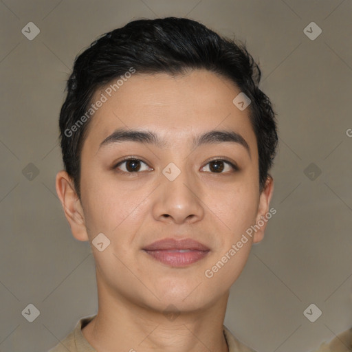 Joyful latino young-adult female with short  brown hair and brown eyes