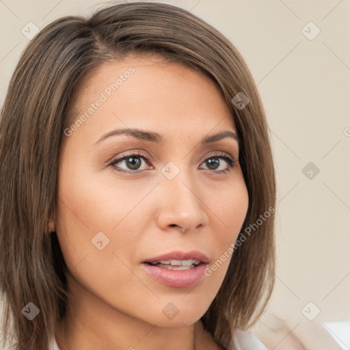 Neutral white young-adult female with medium  brown hair and brown eyes