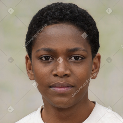 Neutral black young-adult female with short  black hair and brown eyes