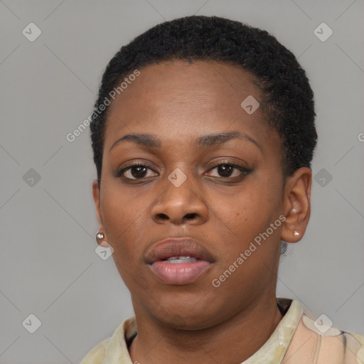 Neutral black young-adult female with short  black hair and brown eyes