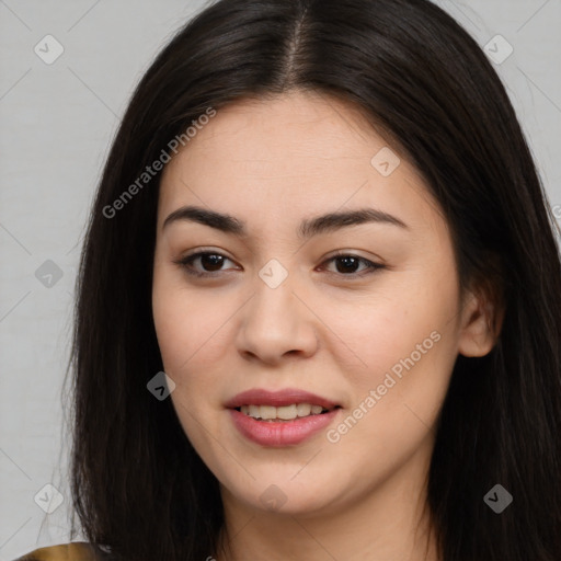 Joyful asian young-adult female with long  brown hair and brown eyes